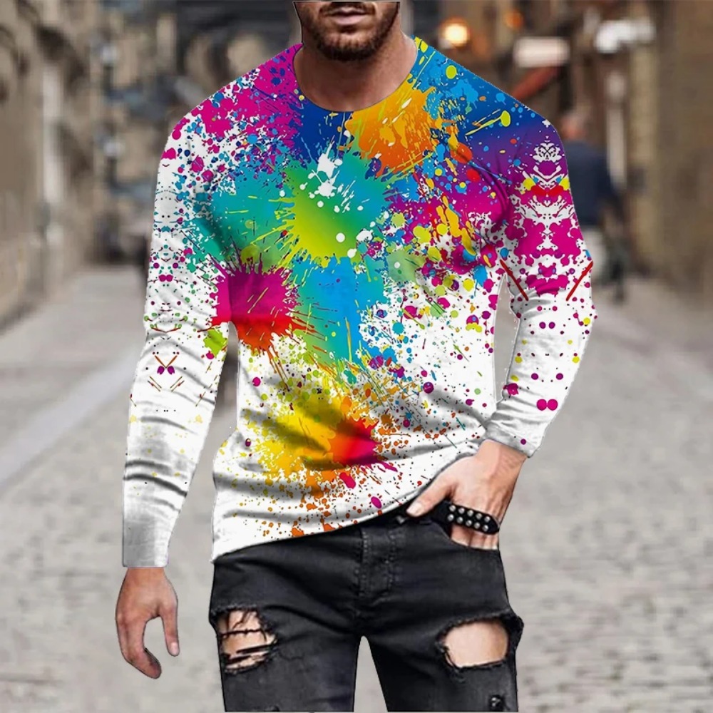 Men'S Fashion T Shirts - Erkek Gökkuşağı Boya Sıçraması 3D Baskılı
