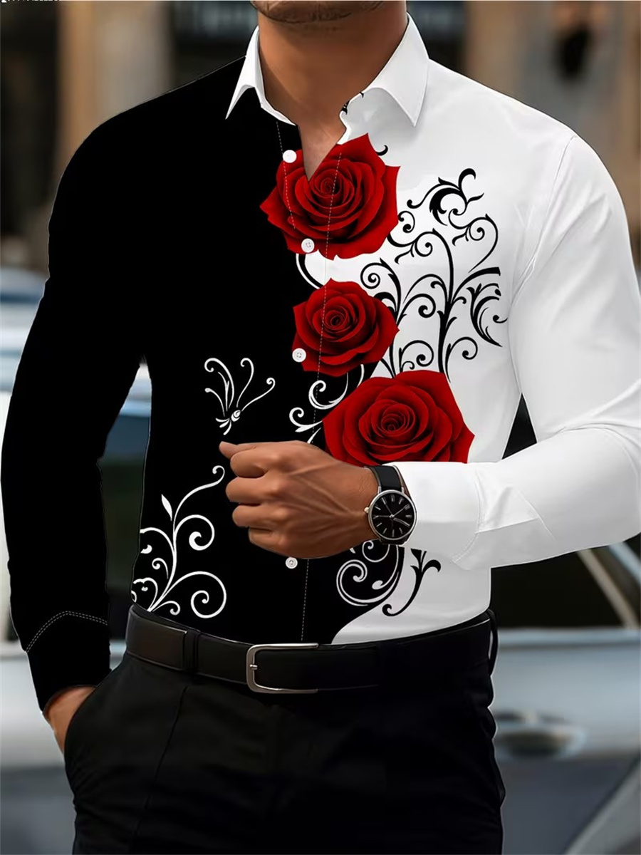 Mens Fashion Summer - Erkek Kırmızı Gül Baskılı Uzun Kollu